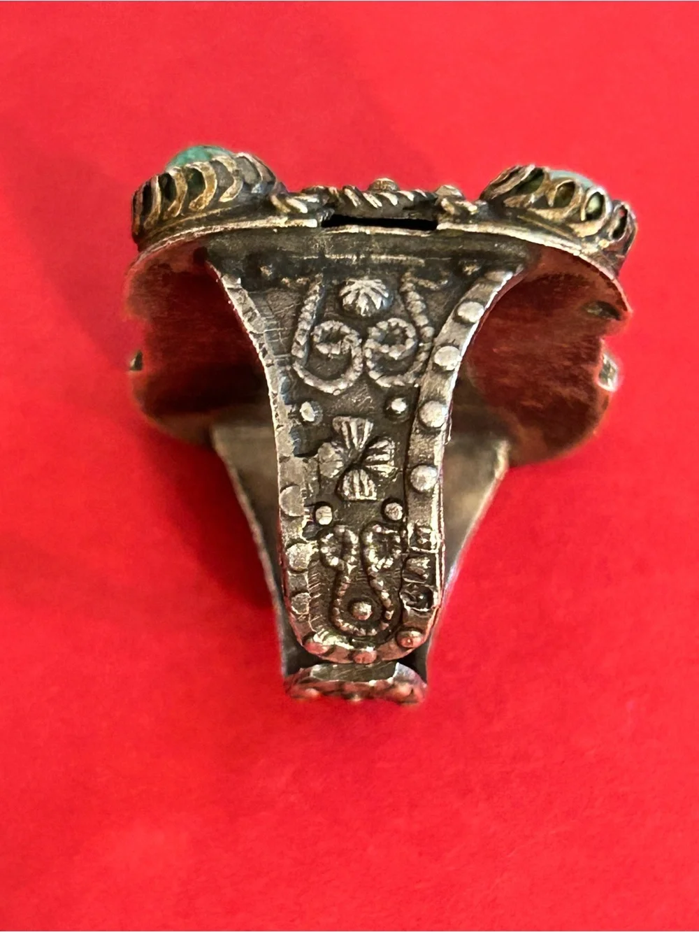 Antique Yemenite Filigree Genuine Turquoise Silver Ornate Ring